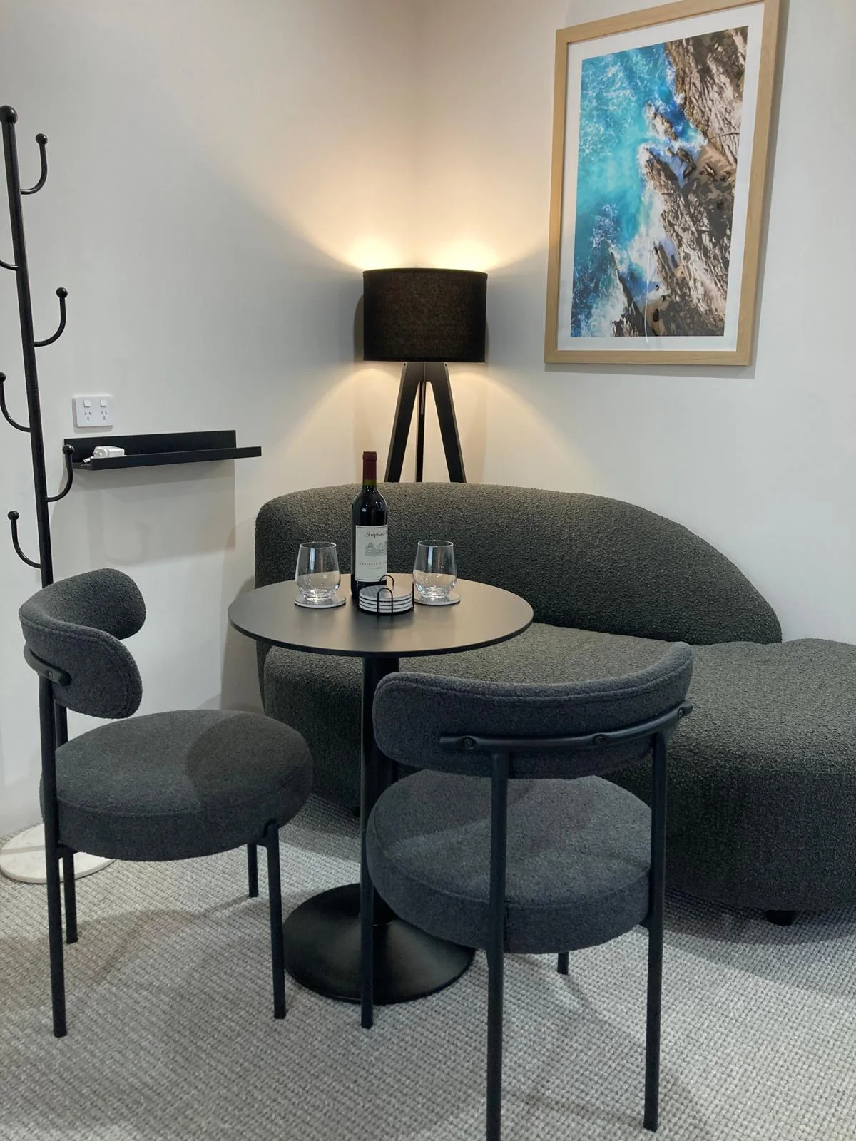 Dining table and curved lounge seating